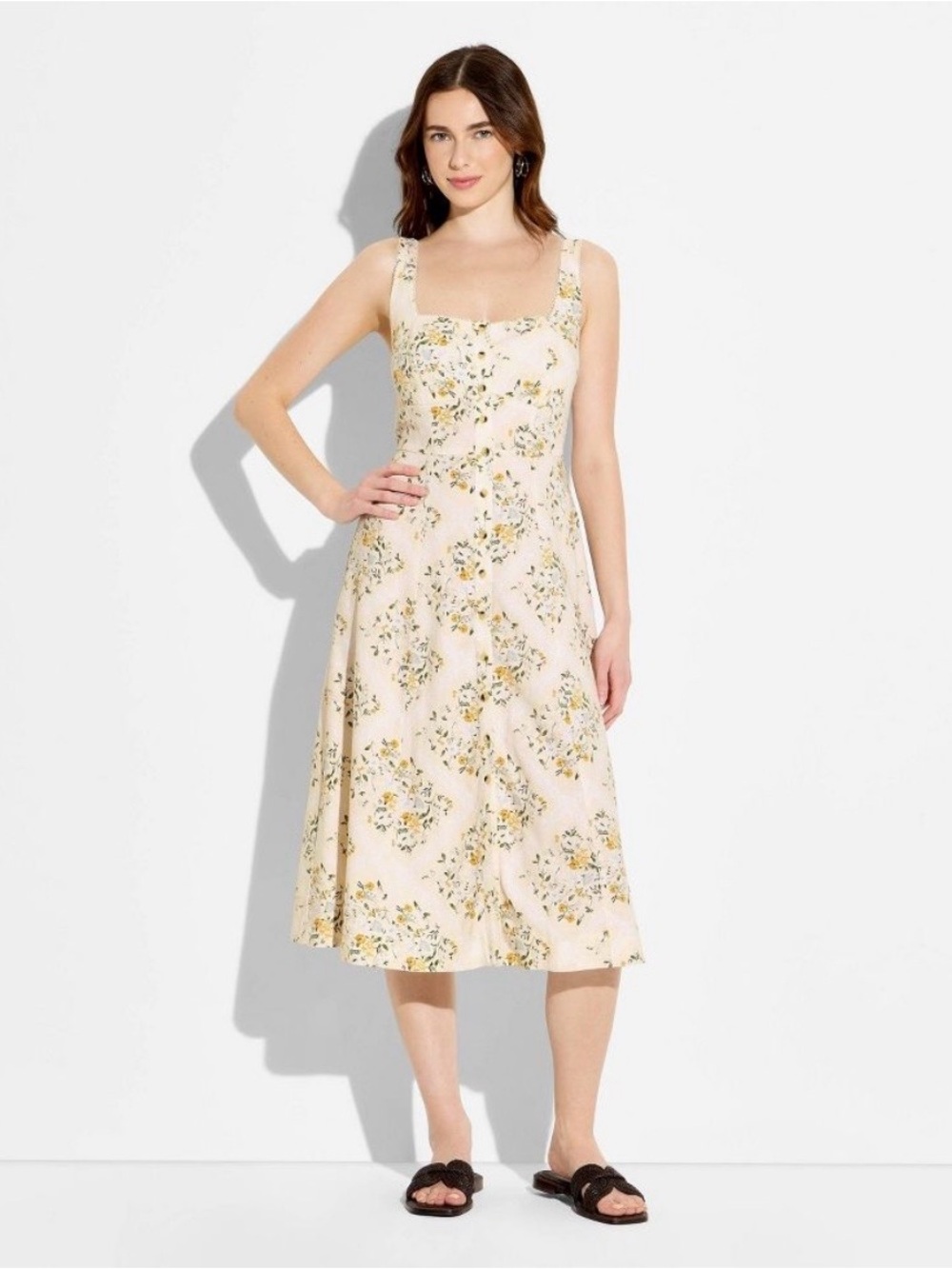 Floral Square-Neck Button-Front A-Line Linen Midi Dress- Wild Fable size S